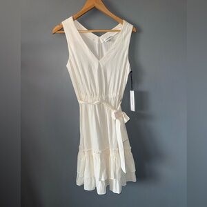 Calvin Klein Sleeveless V-neck tiered ruffle min dress with waist tie